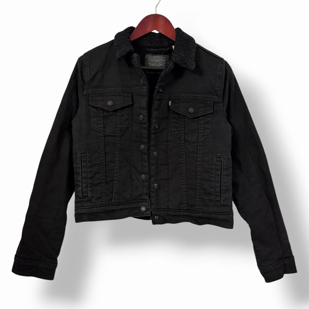 Levi's Women's Original Sherpa Trucker Jacket Black Denim Snap Front Coat Small